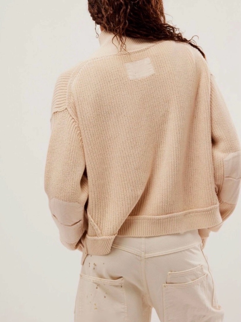 Free People 100% Cotton Worn Thru Surplus cardigan Sweater Champagne Dream large - Picture 3 of 7